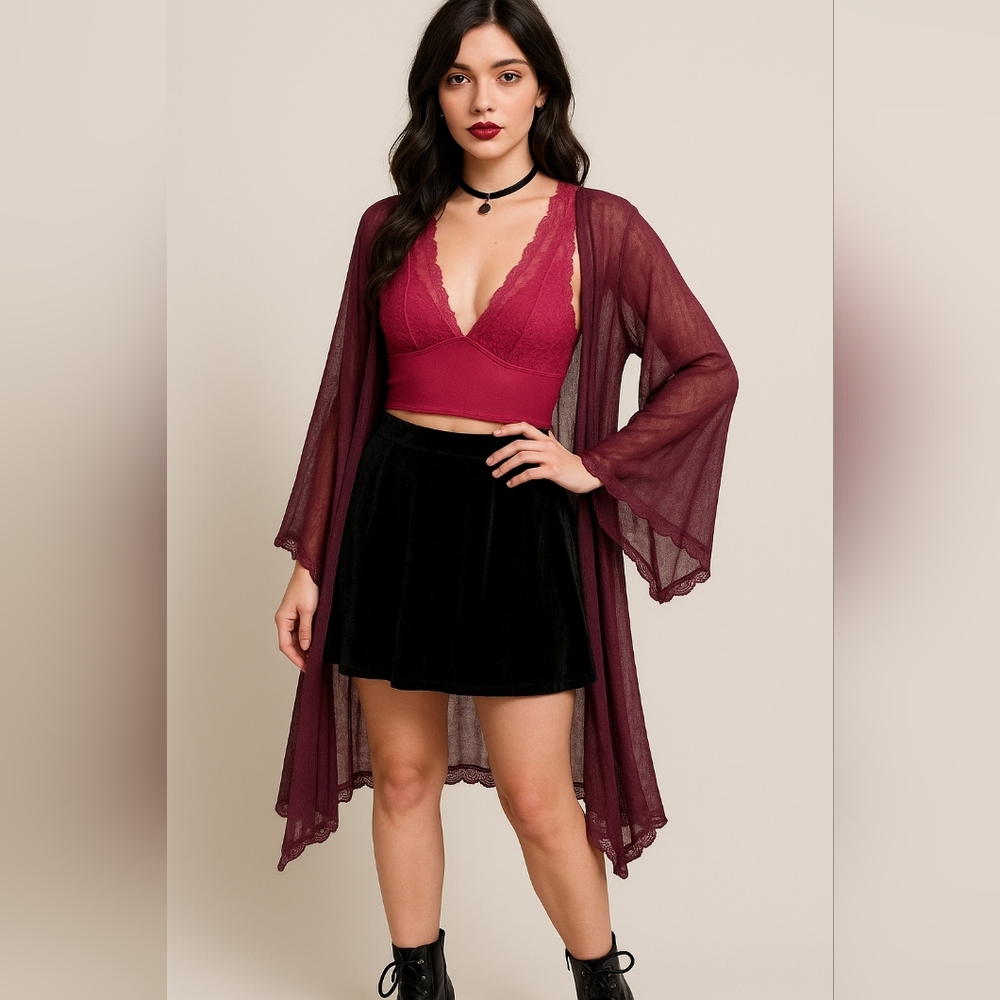 Magenta Lace V-Neck Crop Top Whimsygoth Streetwear Layering New Medium - Picture 6 of 7